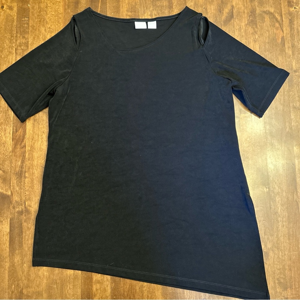 Chicos Travelers Size 2 (12/14) Black Asymetrical‎ Blouse Top Shoulder Slits